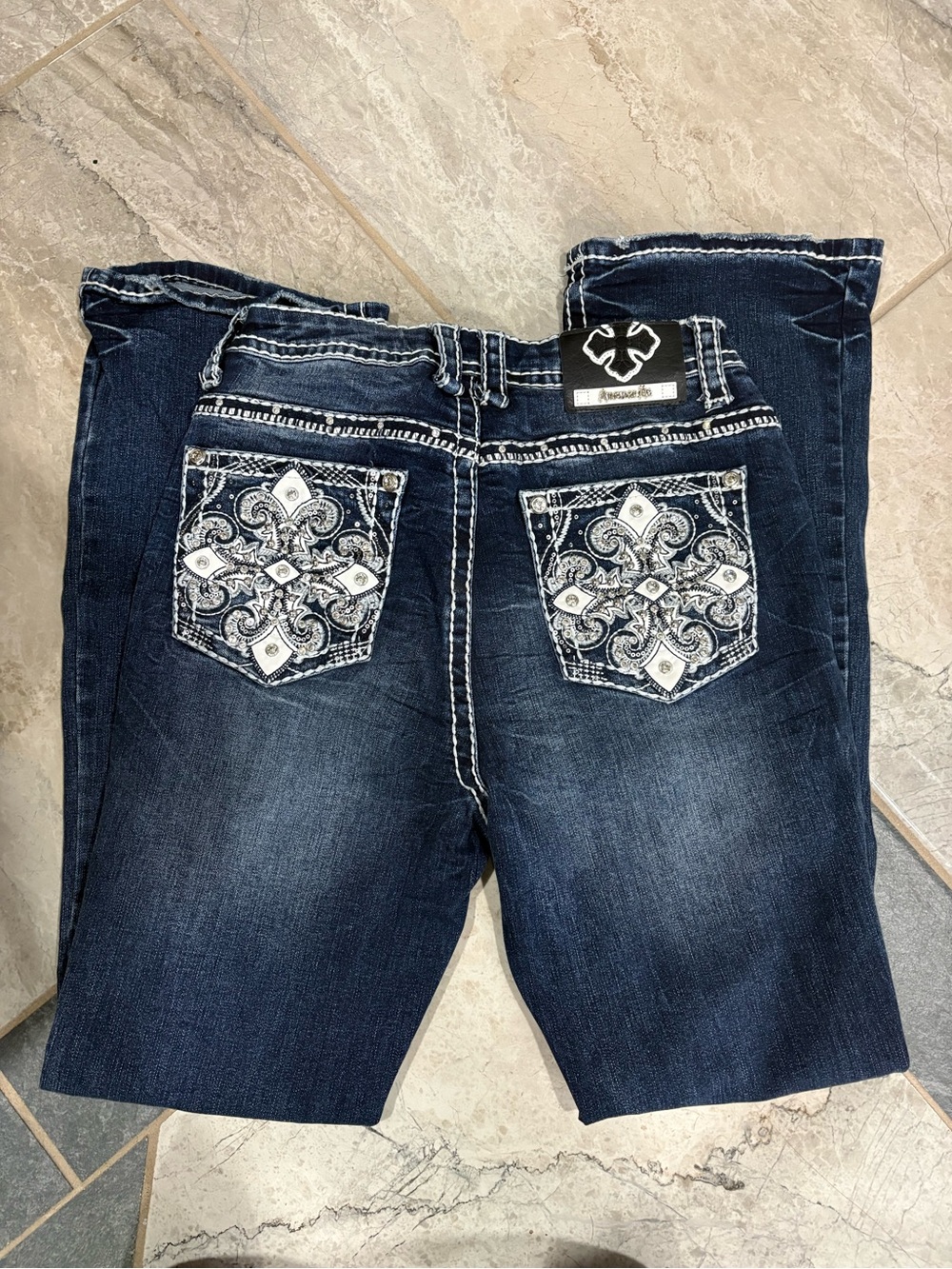 Embellished Dark Blue Boot Cut Jeans - Answer Me